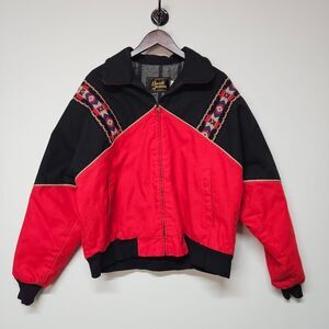 Vintage DAVIS JAMES Red and Black Lined Jacket with Patterned Accents Size Large
